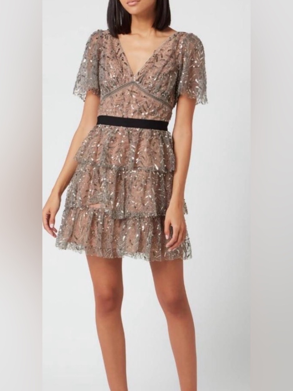 Self-Portrait Tiered “Leaf” Sequin Mini Dress, size 6.